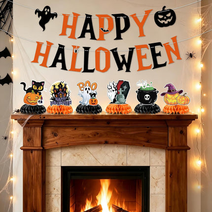 Halloween Honeycomb Table Centerpieces, Black Cat Ghost Pumpkin Witch Hat Boo Decor