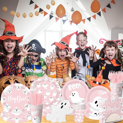 144-Piece Pink Halloween Ghost Plates & Napkins Set, Cute Boo Party Tableware