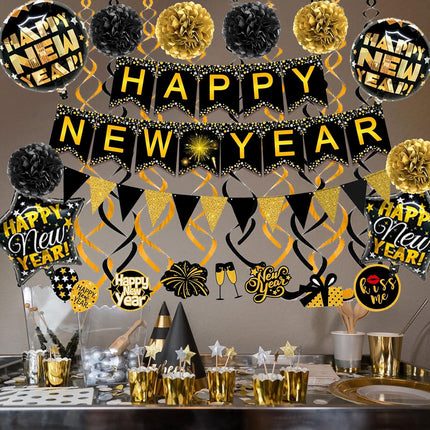 Happy New Year Party Decoration Set – Banner, Bunting, Balloons & Swirls