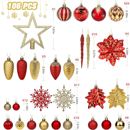 106PCS Colorful Shatterproof Christmas Ball Ornaments Set with Hooks, Red & Gold