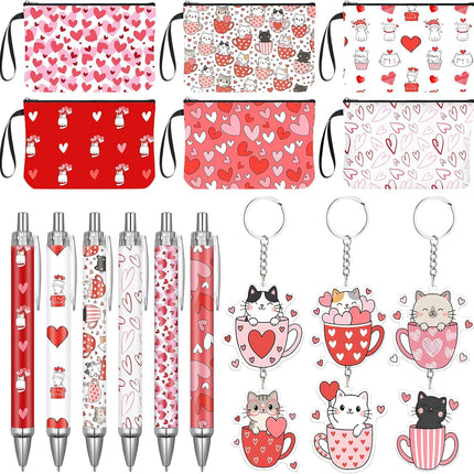 18 Pcs Valentine’s Day Coffee Cat Gifts Set: Makeup Bags, Pens & Keychains for Women