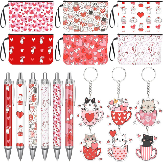18 Pcs Valentine’s Day Coffee Cat Gifts Set: Makeup Bags, Pens & Keychains for Women