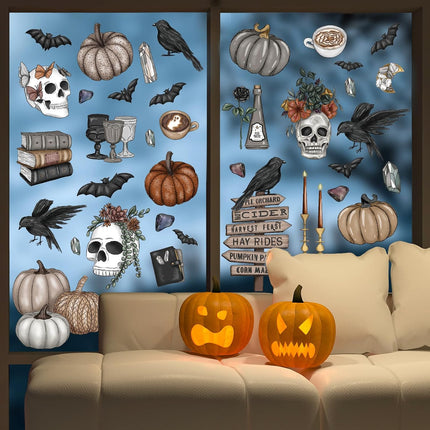 76-Piece Halloween Window Clings, Gothic Skull Pumpkin Crow Double-Sided Decals