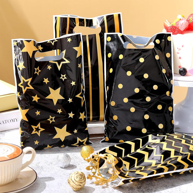 100-Piece Black & Gold Goodie Bags – Handles for Birthday, Wedding & Party