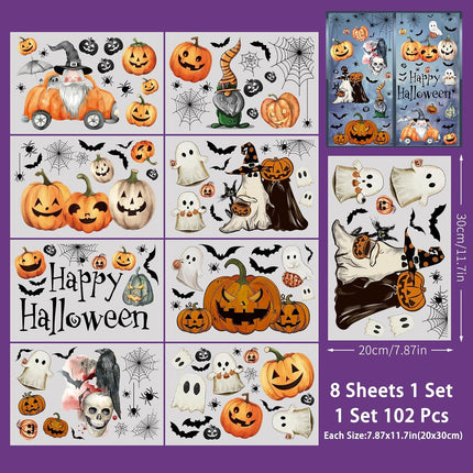 102PCS Halloween Window Clings, 8-Sheet Ghost & Pumpkin Stickers for Glass Decor