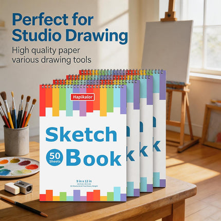 4 Pack 9x12in Sketch Books, 50 Sheets Spiral Bound Drawing Paper, Acid-Free