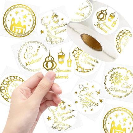 500PCS Gold Foil Eid Stickers Ramadan Kareem Al-Fitr 2" Gift Tags