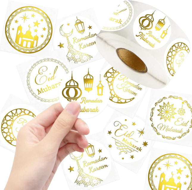 500PCS Gold Foil Eid Stickers Ramadan Kareem Al-Fitr 2" Gift Tags