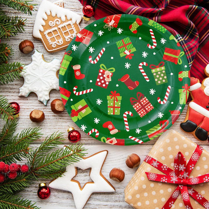 24PCS Xmas Paper Plates – Round 9" Snowflake & Gift Box Print Party Plates