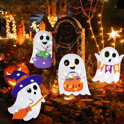 4-Pack Lighted Halloween Ghost Yard Signs, Witch Pumpkin Boo Lawn Stake Decorations