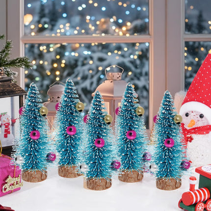12PCS Mini Christmas Trees Blue Bottle Brush Trees with Wooden Base Decor