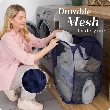 Collapsible Mesh Hamper 14x14x24" – Foldable Laundry Basket, Navy Blue