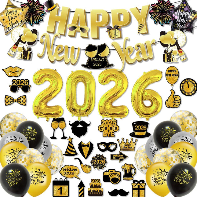 New Year 2026 Party Supplies – Gold 2026 Balloons, Photo Props & Glasses
