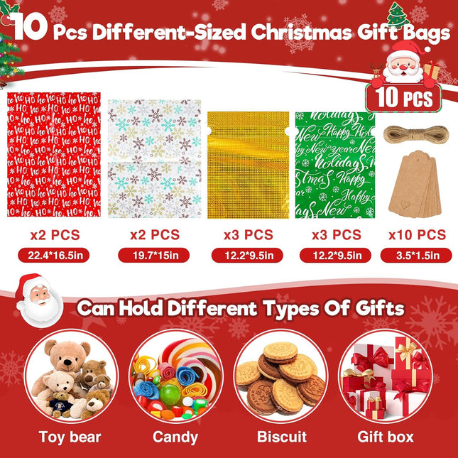 10PCS Christmas Drawstring Gift Bags with Tags – Assorted Large & Medium Sizes for Xmas Presents