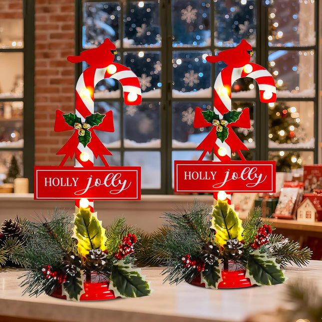 2-Pack Christmas Table Decor – Candy Cane, Cardinal & Pinecone