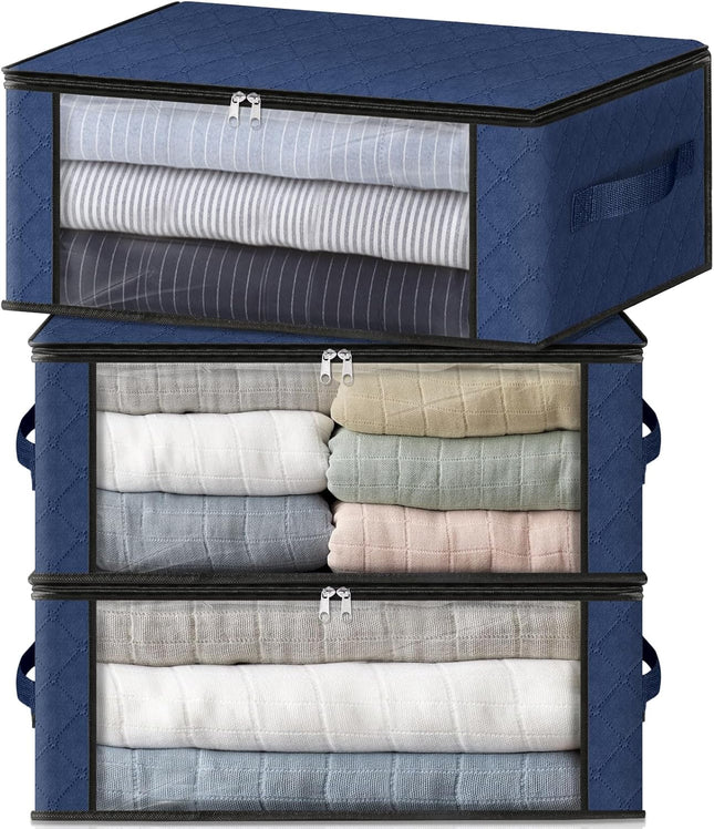 3-Pack Foldable Storage Bags – 35L with Clear Window & Handles, Blue