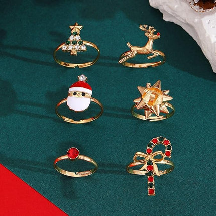 6PCS Christmas Statement Ring Set | Tree, Santa & Reindeer Holiday Jewelry