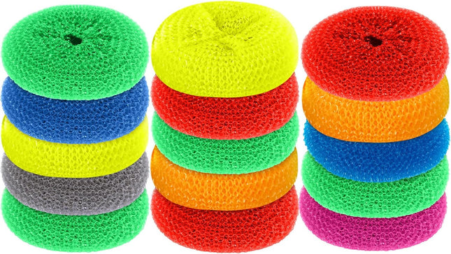 Plastic Dish Scrubbers – Round Nylon Pads, Non-Scratch, 15 Pack, Rainbow