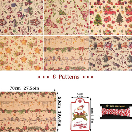 Christmas Wrapping Paper Set 6 Sheets Kraft Gift Tags & Rope Vintage Holiday