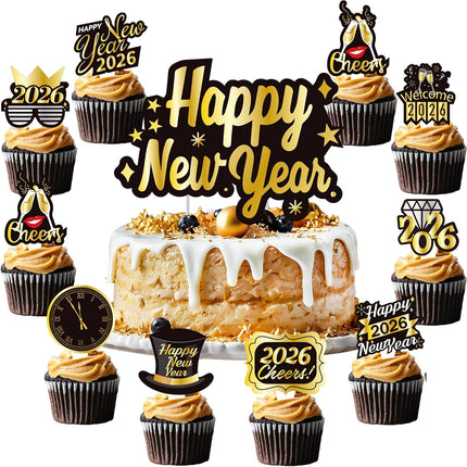 Happy New Year 2026 Cupcake Toppers – 73-Pc Black & Gold Party Supplies