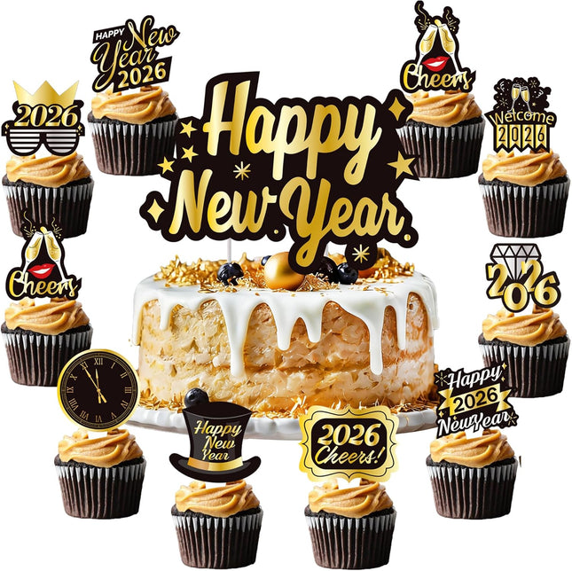 Happy New Year 2026 Cupcake Toppers – 73-Pc Black & Gold Party Supplies