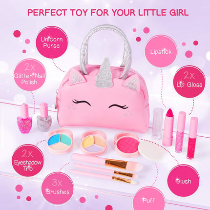 Kids Real Makeup Kit Pink Unicorn Purse Non Toxic Washable Girls Gift