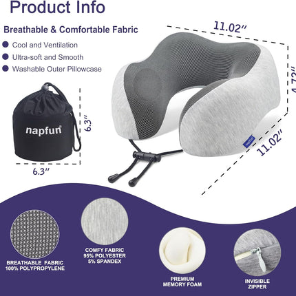 Travel Neck Pillow – Upgraded Memory Foam, Airplane Headrest, Light Grey