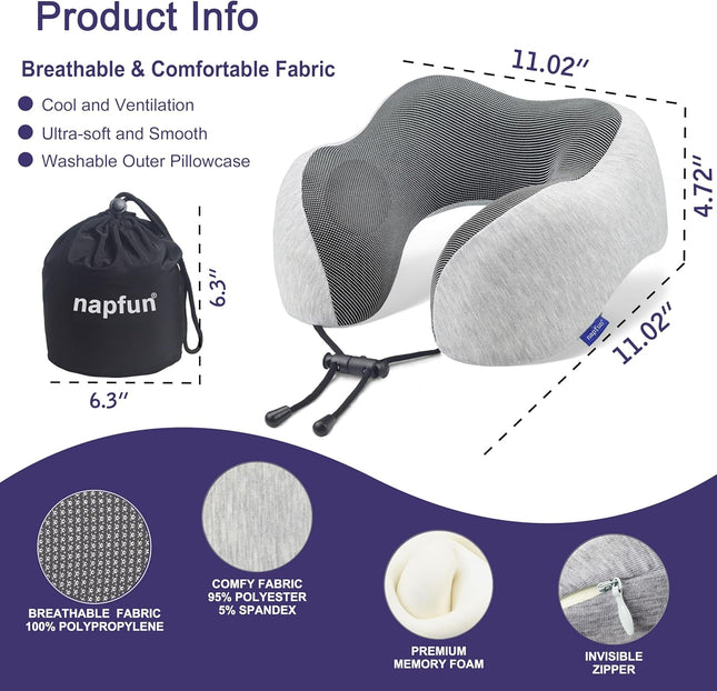 Travel Neck Pillow – Upgraded Memory Foam, Airplane Headrest, Light Grey