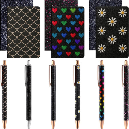 12 Set Mini Notebooks & Glitter Pens – 6 Pocket Notepads, 6 Sparkly Pens, Gift Set