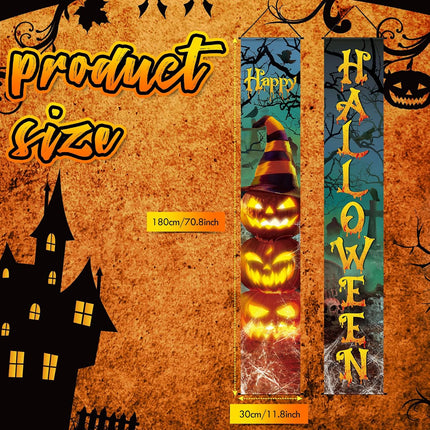 2-Piece Halloween Door Banners, Evil Pumpkin Witch Hat Porch Wall Hanging Decor