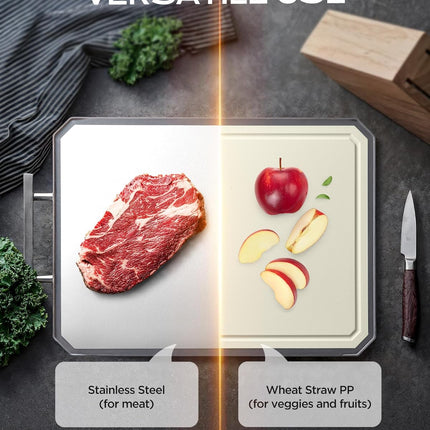 Large Stainless Steel & Wheat Straw Cutting Board, Double Sided Kitchen Board
