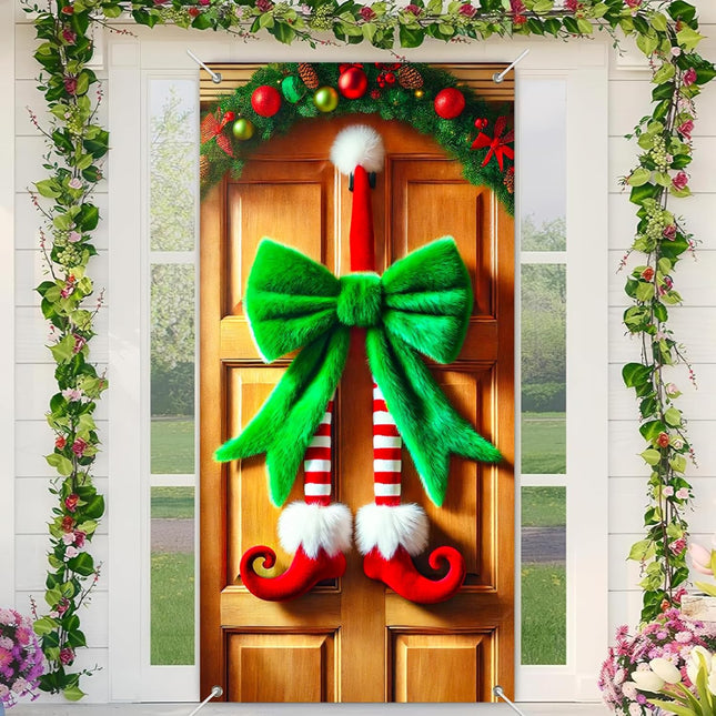 Christmas Door Cover 71x35" – Elf Legs Hanging Banner for Festive Front Door Decor