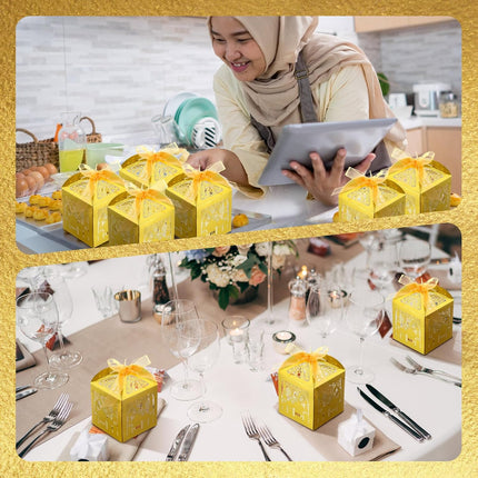 50 Pcs Ramadan Eid Mubarak Candy Boxes – Castle Design with Ribbons for Party Favors