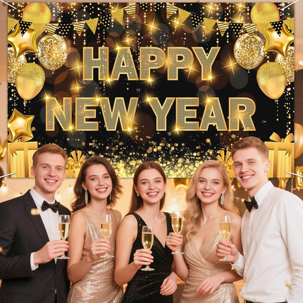 Happy New Year 2026 Backdrop – 71×44in Black & Gold Party Banner