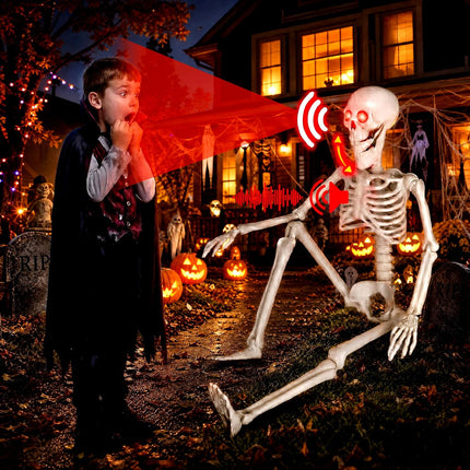 36in Motion & Sound Activated Halloween Skeleton, Moving Jaw & Glowing Eyes Decor