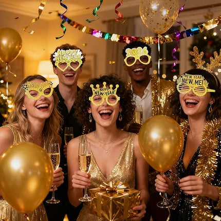 24-Piece Gold Happy New Year Glasses – Laser Photo Booth Party Props 2026