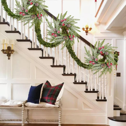 Christmas Candle Ring Wreath – Norfolk Pine with Red Berries & Snowy Pinecones