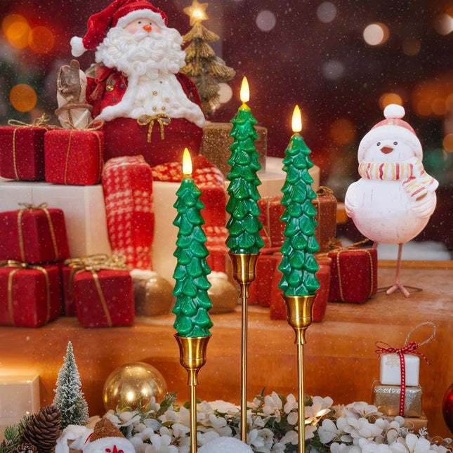 3PCS Green Tree LED Candles – Flameless Wax Christmas Taper Candles for Decor