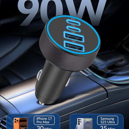 USB C 4-Port Car Charger – 90W Fast Charging for iPhone, iPad, Tablets & More