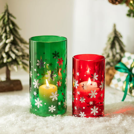 Christmas Glass Hurricane Candle Holders Red Green Silver Snowflake Centerpiece