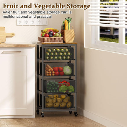 4-Tier Kitchen Rolling Storage Cart with Wooden Top, 4 Pull-Out Drawers and Lockable Wheels