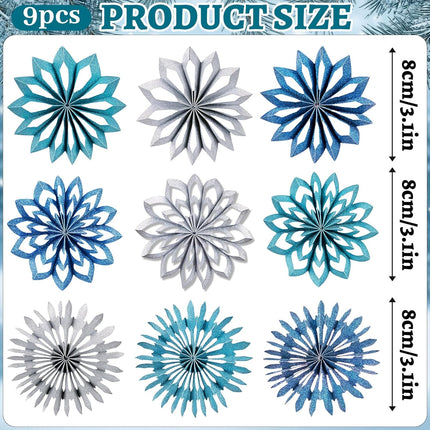 9pcs Blue Christmas Ornaments – 3D White Paper Snowflake Hanging Decor