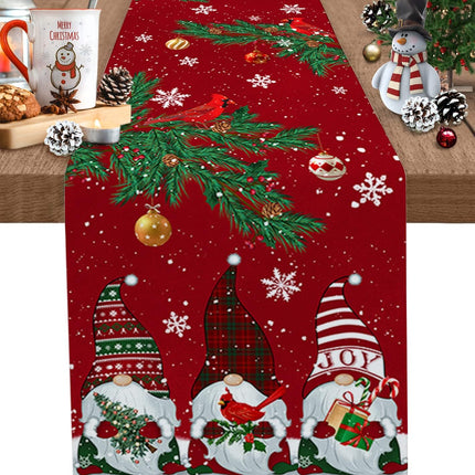 Christmas Red Table Runner – 72" Cotton Linen Gnomes & Cardinals Decor
