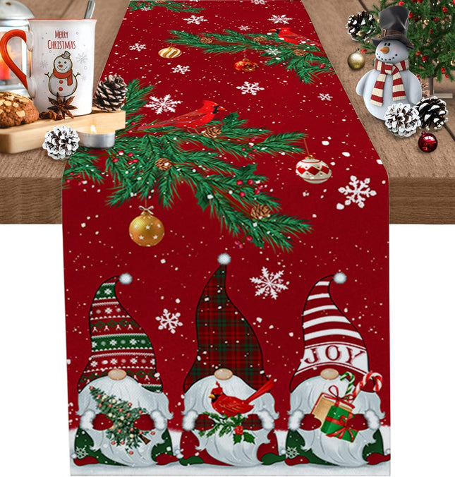 Christmas Red Table Runner – 72" Cotton Linen Gnomes & Cardinals Decor