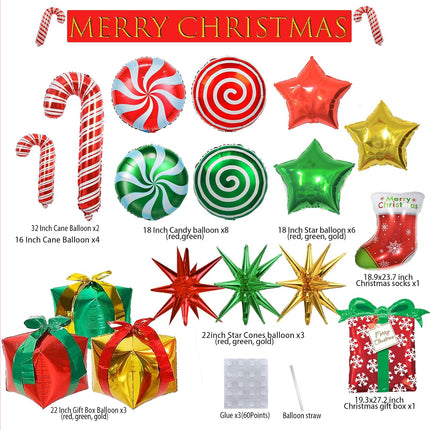 Christmas Mylar Balloons – Candy Cane Swirl, Stocking, Star & Gift Box Decorations