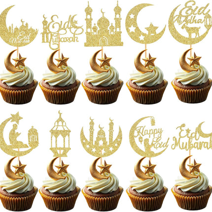 60PCS Eid Mubarak Cupcake Toppers Glitter Moon Star Ramadan Party Decor