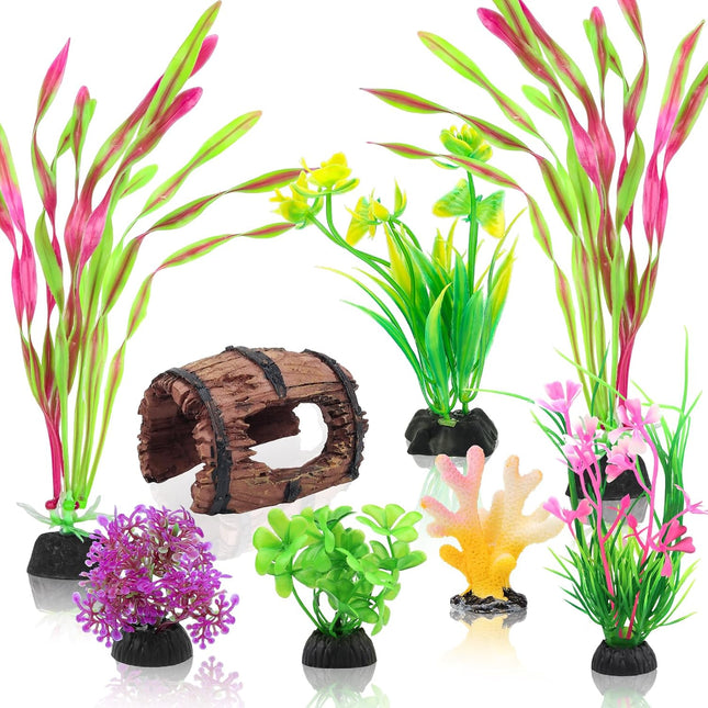 8 Piece Aquarium Decorations Set Broken Barrel Coral and Artificial Plants for Fish Tanks