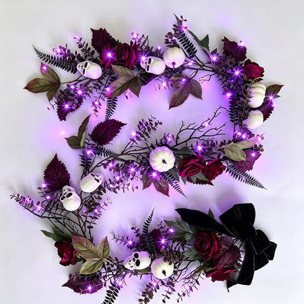 6FT Gothic Halloween Garland with Purple Lights, Skulls, Roses & Pumpkins Decor