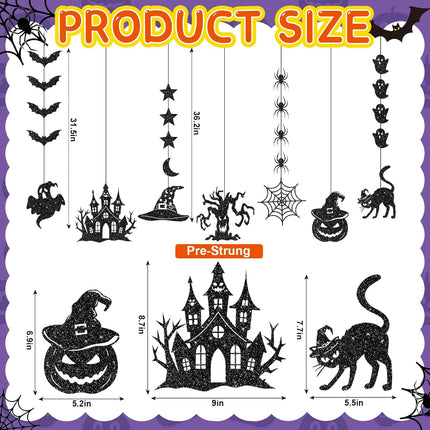 Glitter Black Halloween Garland, Witch Hat Ghost Pumpkin Bat Spider Hanging Banner