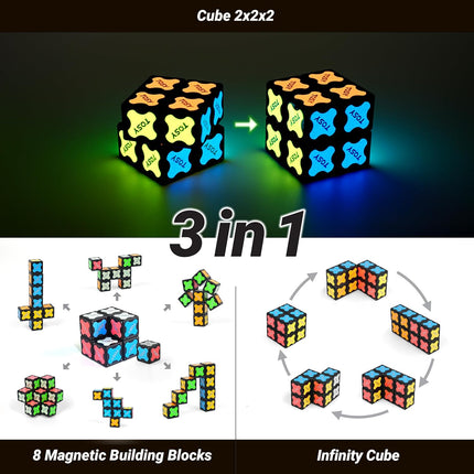 STEM Magnet Cube 2x2 – 2-in-1 Puzzle & Infinity Cube, Glow with UV Light